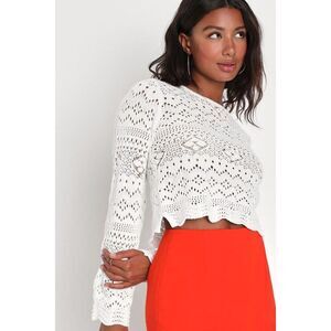 Lulus Perfect Outlook Ivory Crochet Long Sleeve Cropped Sweater Top White